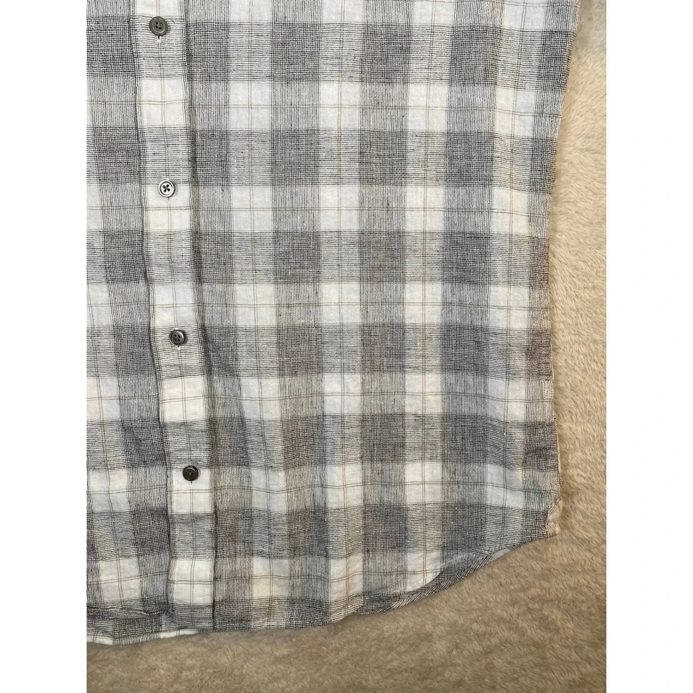 Banana Republic Mens Grey White Plaid Linen Cotton Button Down Shirt L 16-16.5